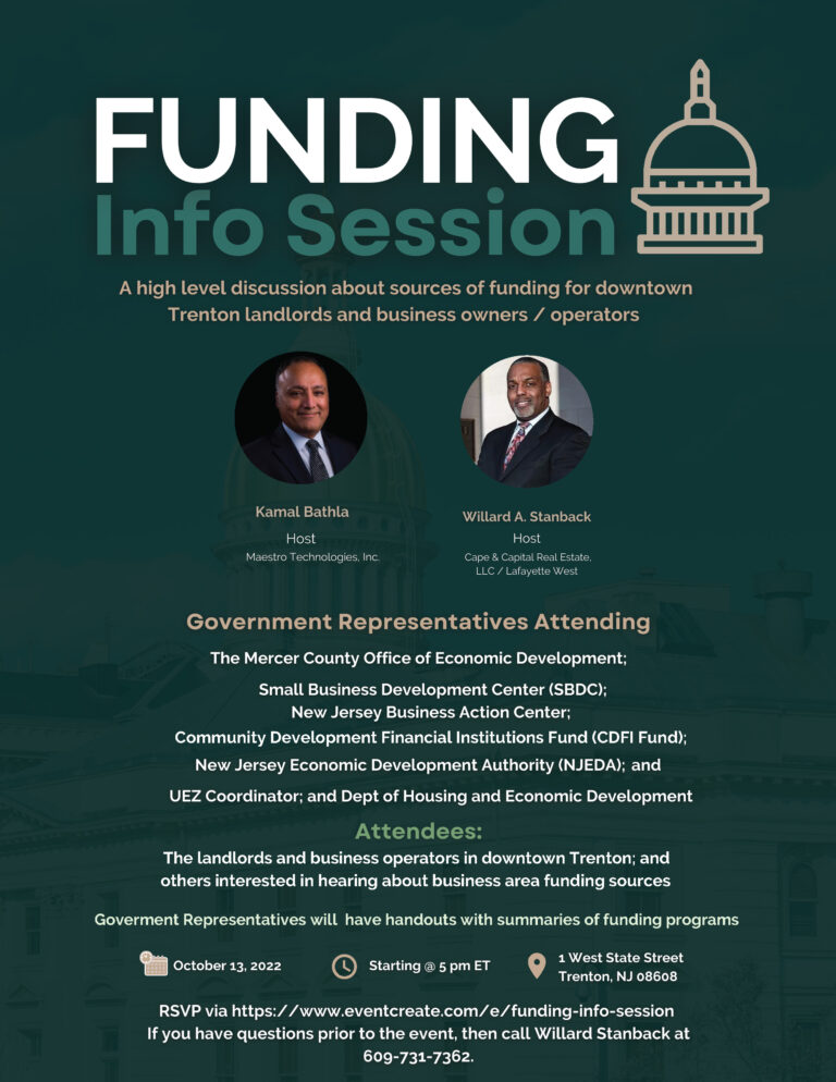 Thursday Session will Offer Discussion of Funding Sources for Downtown Trenton Business Operators